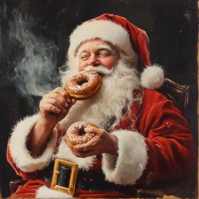 Santa Enjoying Hot Donuts