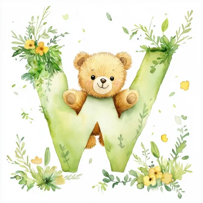 Cute Kawaii Teddy Bear with Letter W