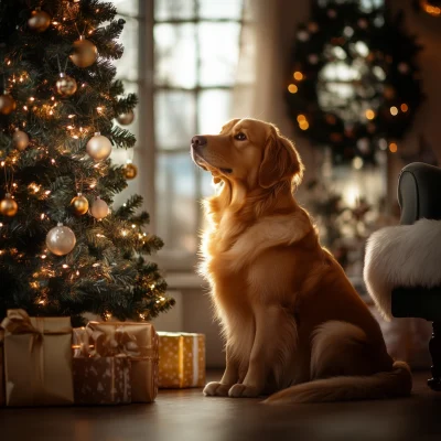 Dog by Christmas Tree