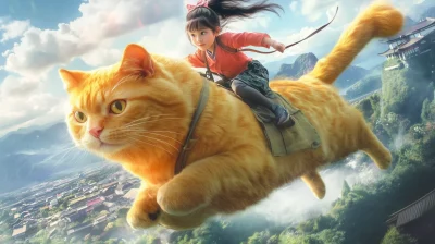 Little Girl Riding a Cat