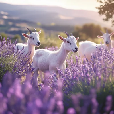 Playful Goats in Lavender Field