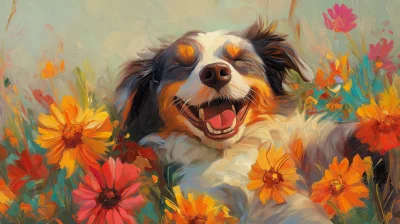 Joyful Dog in Colorful Flowers