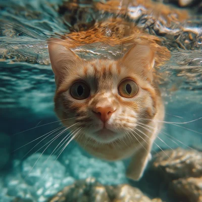 Cat Swimming in Clear Water