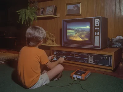 Boy Playing Video Game in 1980s Living Room