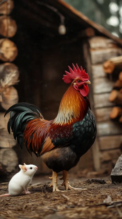 Rooster and Mouse Encounter