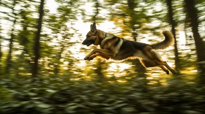 Leaping German Shepherd in Forest