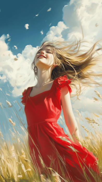 Girl in Red on the Grassland