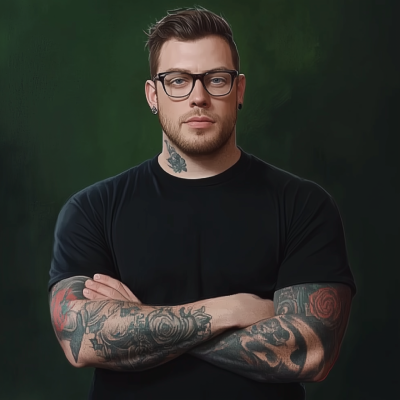 Tattooed Man in Black T-Shirt