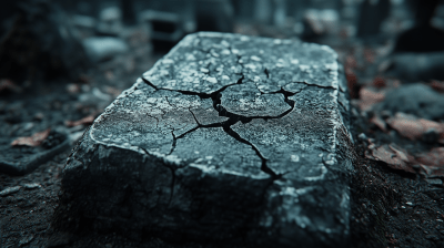 Gloomy Cemetery with Cracked Headstone