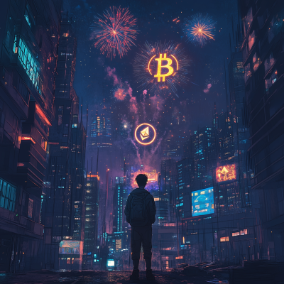 Crypto Fireworks in Futuristic City