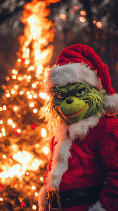 Smiling Grinch by the Christmas Tree