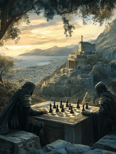 Wizards Playing Chess in Greek City