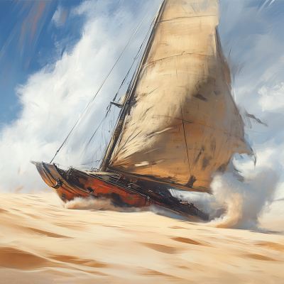 Fantasy Catamaran Sailing Through Dunes