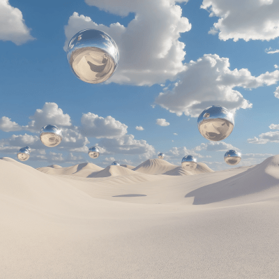 Floating Chrome Balls in Desert