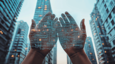 Hands Holding Data with Office Construction