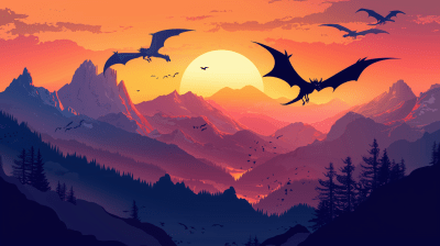 Dragons Over Mountains at Sunset