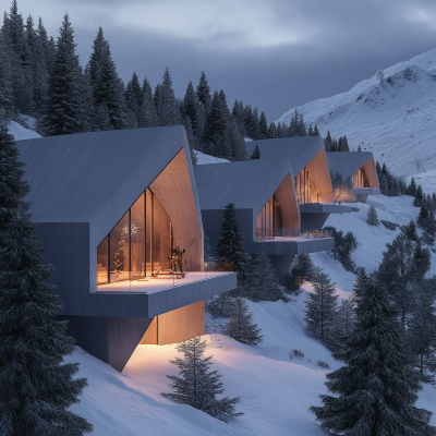 Brutalist Chalets in Snow