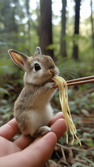New Born Rabbit Eating Noodles