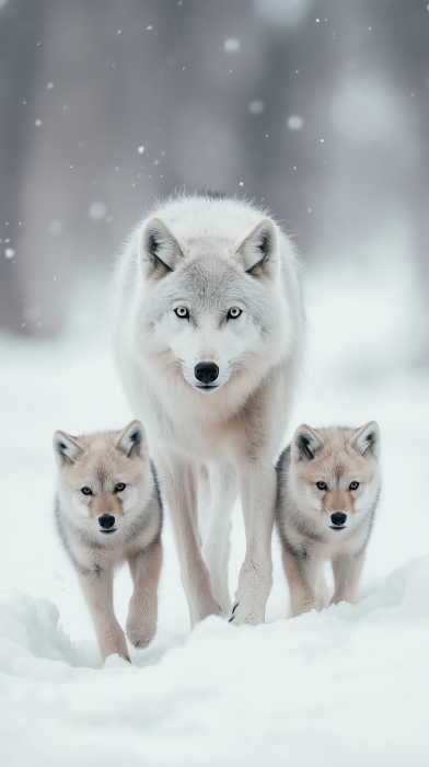 Mother Wolf and Cubs in Snow