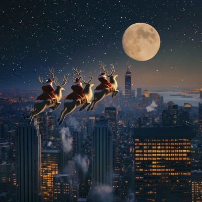 Santa Claus and Reindeers Over City