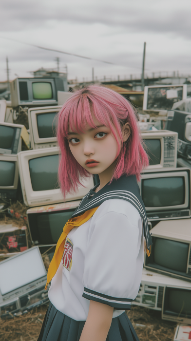 Serious Schoolgirl in Junkyard