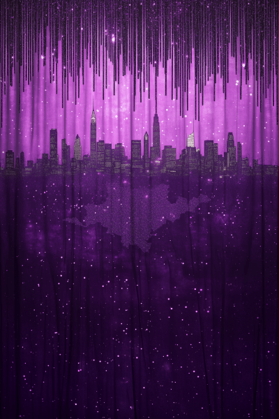 Purple Curtain with Skyline and Map