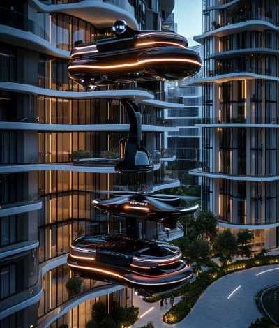 Futuristic Residential Complex with Flying Vehicles