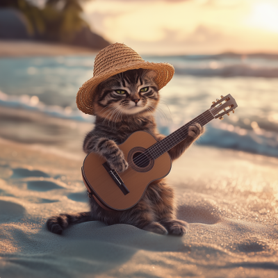 Cat Playing Guitar on the Beach