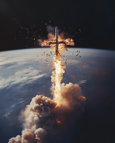 A rocket bursting apart in space