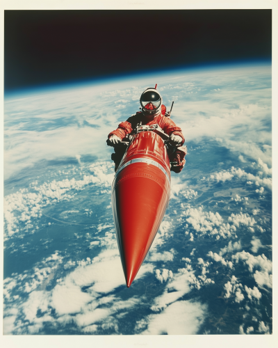 Man Riding Rocket in Space