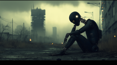 Sad Robot in Dystopian City