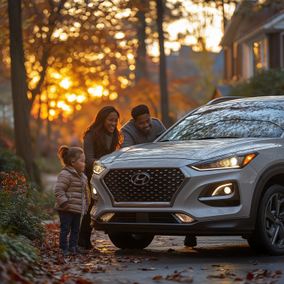 Family Smiling by Car