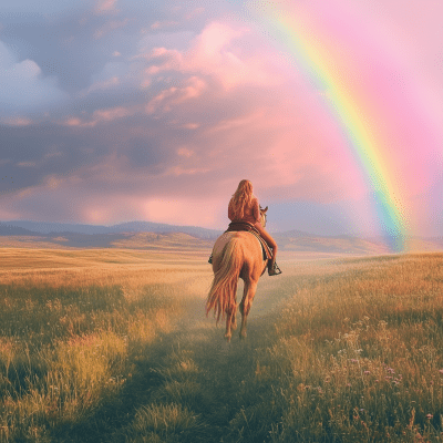 Girl Riding Horse Through Rainbow