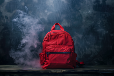 Red Backpack on Black Desk