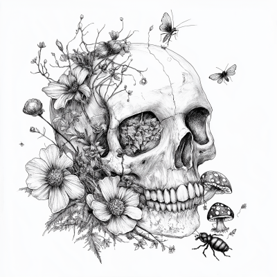 Skull with Vines and Flowers