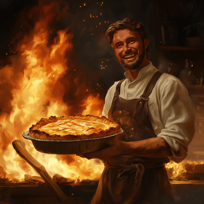 Baker with Pie Amidst Fire