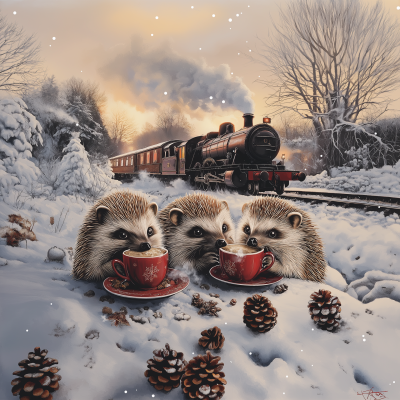 Hedgehogs Enjoying Coffee in Winter
