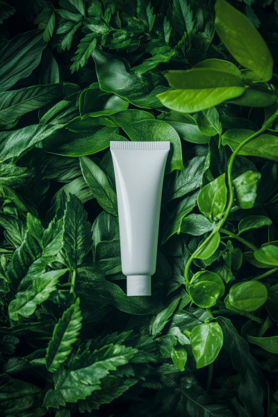 White Cosmetic Tube on Green Leaves