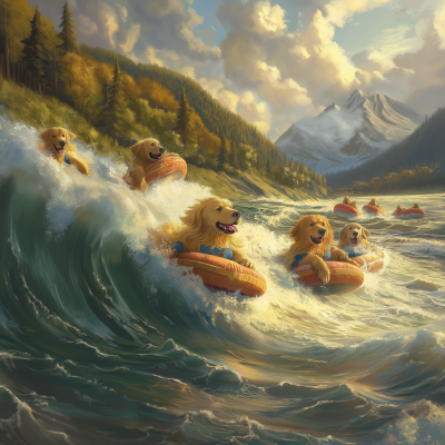 Golden Retrievers on a Tidal Wave