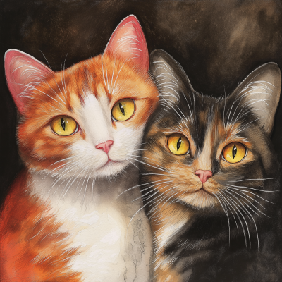 Two Cats Watercolor Drawing
