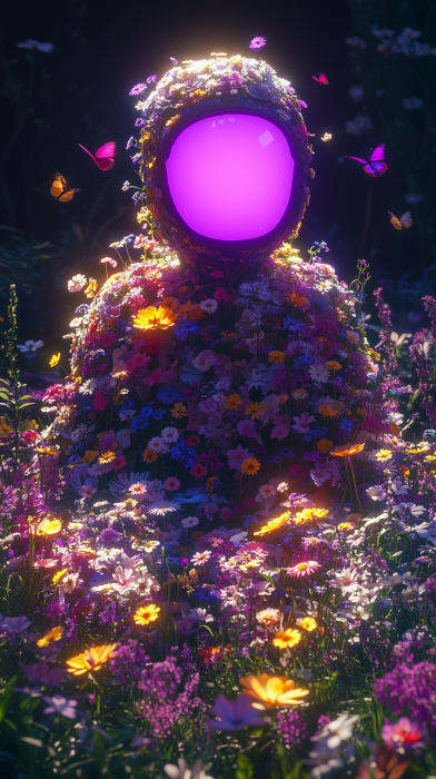 Serene Violet Figure in Blooming Garden