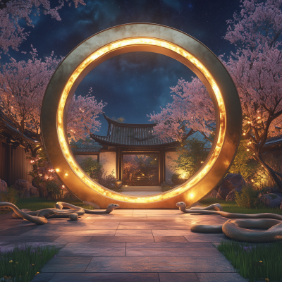 Futuristic Gold Portal in a Garden