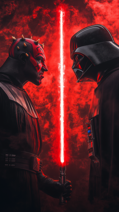 Darth Maul and Darth Vader in a Dark Room