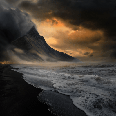 Mysterious Dark Beach at Sunset