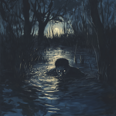 Man Sinking in Swamp at Night