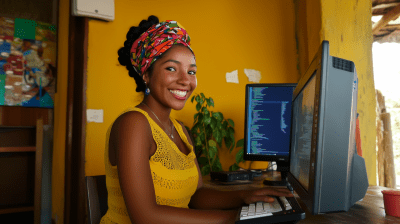 Happy Colombian Woman Using Computer