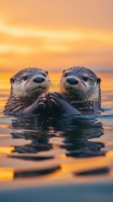 Otters Holding Hands at Sunrise