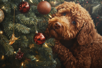 Labradoodle Decorating Christmas Tree