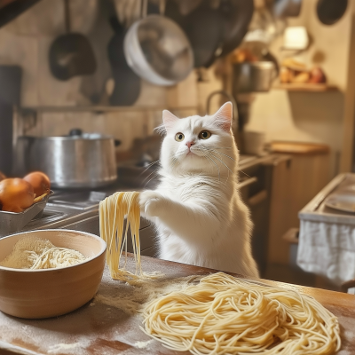 Cute Cat Cooking Pasta