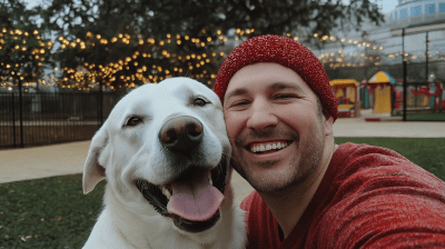 Man with White Lab in Christmas Setting